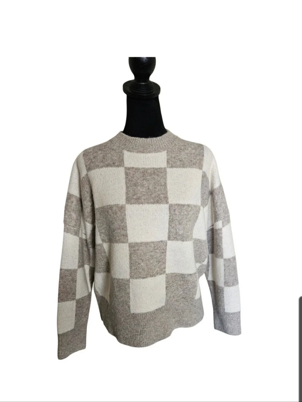 Pinch Women's Checkerboard Crewneck Sweater Cream and Taupe Size S